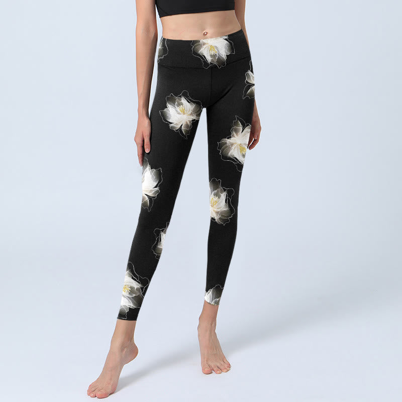 Leggings de yoga para mujer con estampado de pétalos de loto en blanco y negro y Buddha Stones - image 7