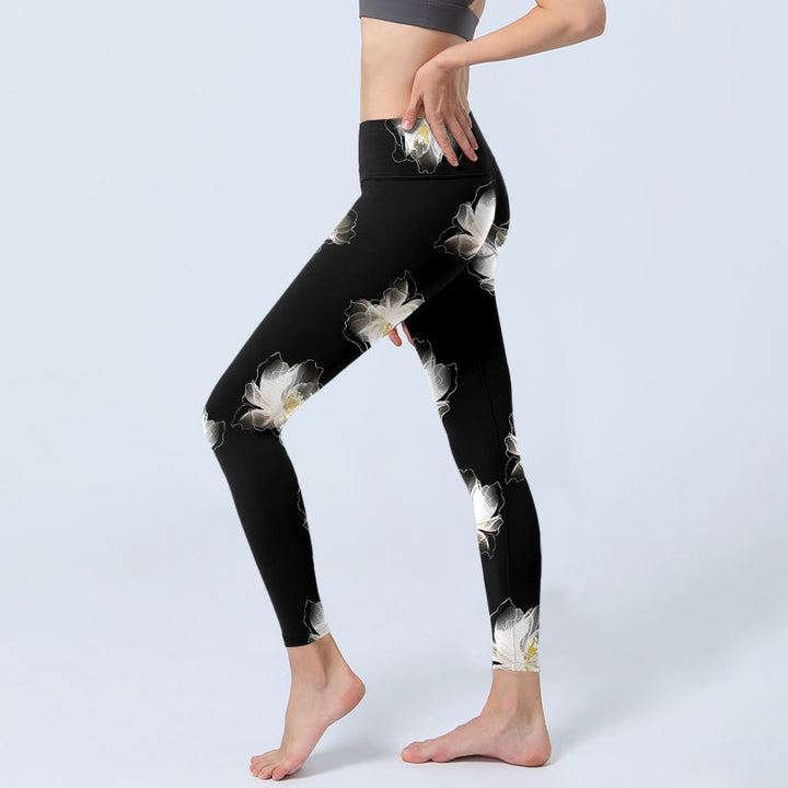 Leggings de yoga para mujer con estampado de pétalos de loto en blanco y negro y Buddha Stones - image 3
