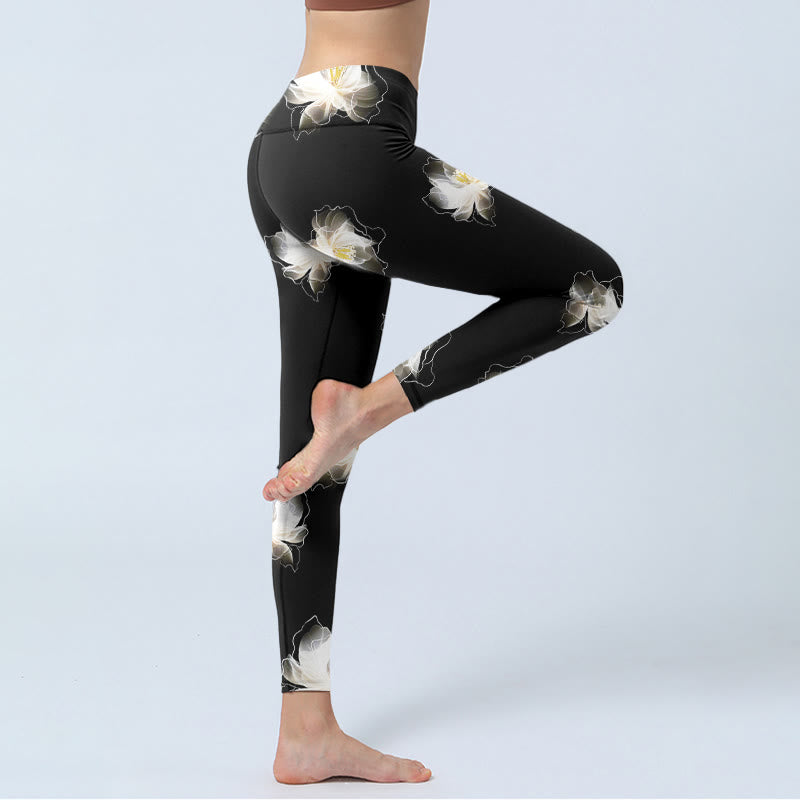 Leggings de yoga para mujer con estampado de pétalos de loto en blanco y negro y Buddha Stones - image 4