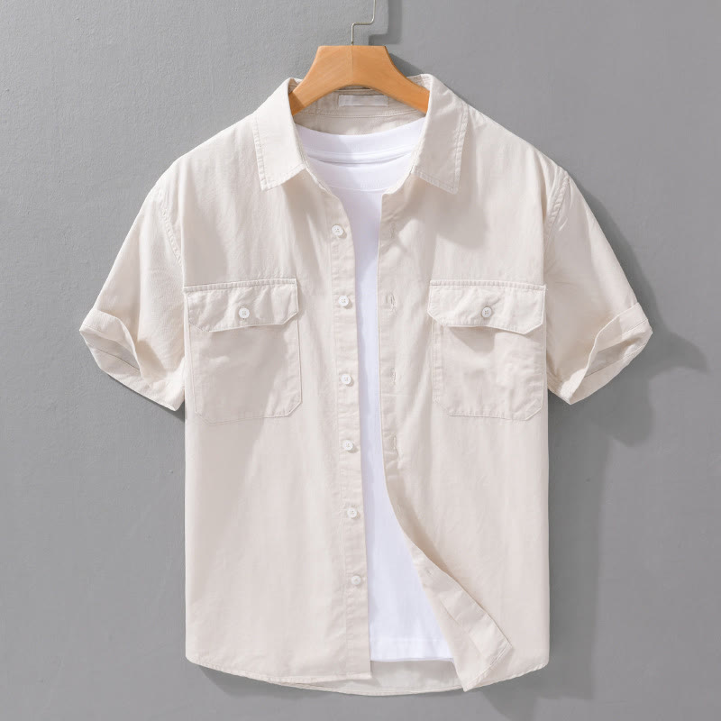 Camisa de lino y algodón de manga corta con solapa de color puro para hombre, Buddha Stones Daily, con bolsillos - Beige - US/UK/AU42, EU52 (3XL) - image 0