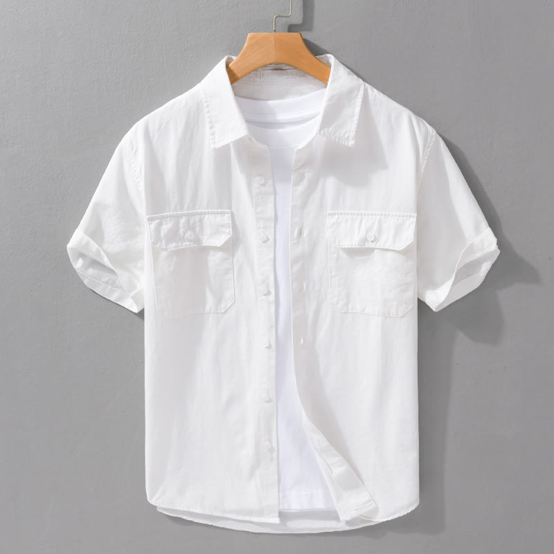 Camisa de lino y algodón de manga corta con solapa de color puro para hombre, Buddha Stones Daily, con bolsillos - Blanco - US/UK/AU42, EU52 (3XL) - image 1