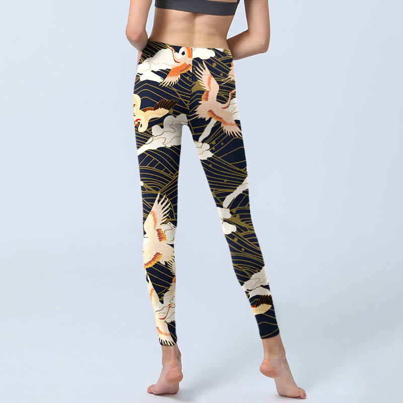 Leggings de yoga para mujer con estampado de grullas de corona roja, nubes y olas del mar, Buddha Stones - image 7