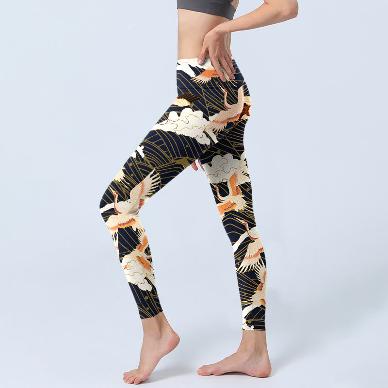 Leggings de yoga para mujer con estampado de grullas de corona roja, nubes y olas del mar, Buddha Stones - image 3