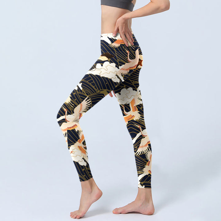 Leggings de yoga para mujer con estampado de grullas de corona roja, nubes y olas del mar, Buddha Stones - image 3