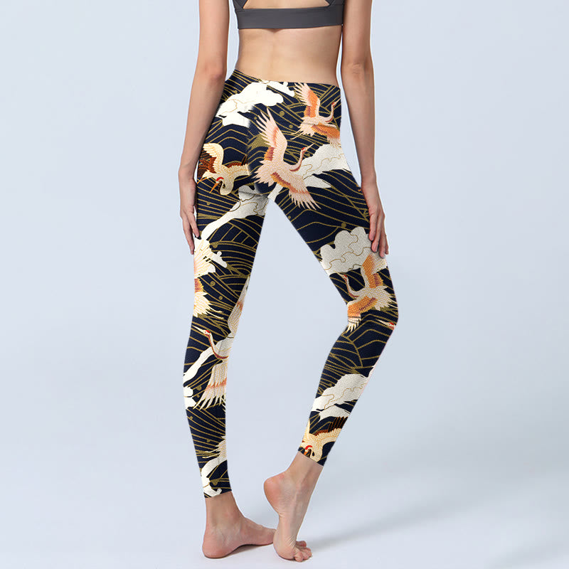 Leggings de yoga para mujer con estampado de grullas de corona roja, nubes y olas del mar, Buddha Stones - image 5