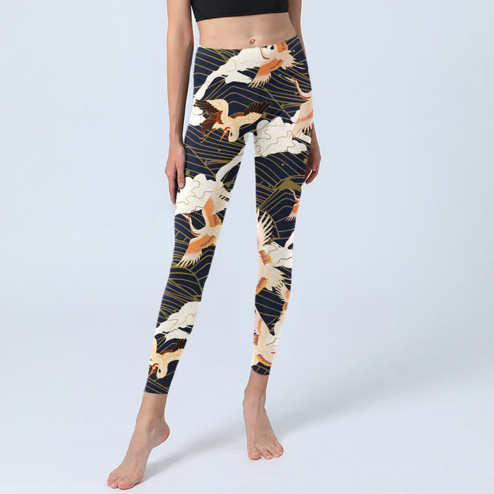 Leggings de yoga para mujer con estampado de grullas de corona roja, nubes y olas del mar, Buddha Stones - image 6