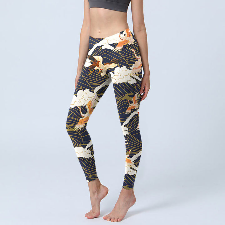 Leggings de yoga para mujer con estampado de grullas de corona roja, nubes y olas del mar, Buddha Stones - Negro - US18，UK/AU22，EU50 (4XL) - image 1