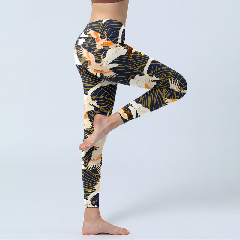 Leggings de yoga para mujer con estampado de grullas de corona roja, nubes y olas del mar, Buddha Stones - image 4