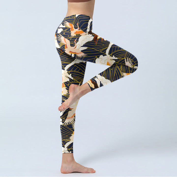 Leggings de yoga para mujer con estampado de grullas de corona roja, nubes y olas del mar, Buddha Stones - image 4