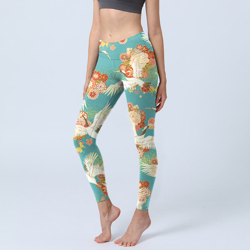 Leggings de yoga para mujer con estampado de Buddha Stones , grullas de corona roja, flores de peonía y mariposas - Turquesa medio - US18，UK/AU22，EU50 (4XL) - image 1