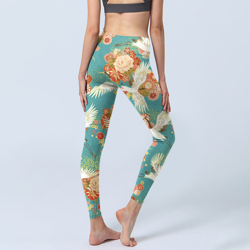 Leggings de yoga para mujer con estampado de Buddha Stones , grullas de corona roja, flores de peonía y mariposas - image 5