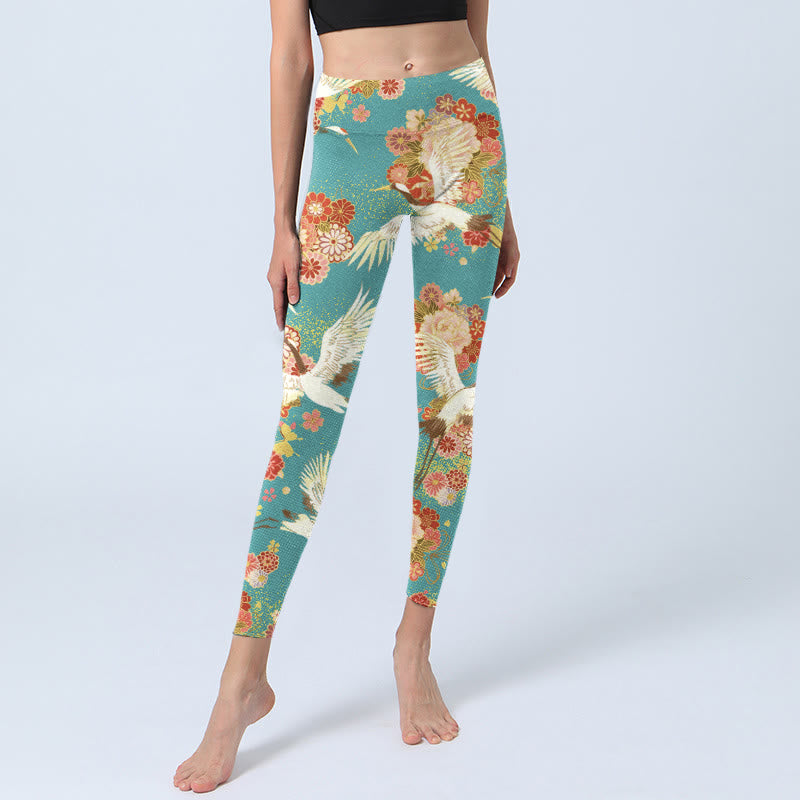 Leggings de yoga para mujer con estampado de Buddha Stones , grullas de corona roja, flores de peonía y mariposas - image 6