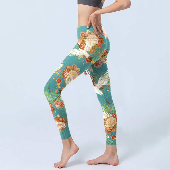 Leggings de yoga para mujer con estampado de Buddha Stones , grullas de corona roja, flores de peonía y mariposas - image 2