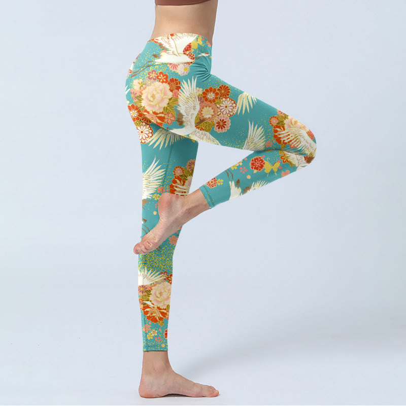 Leggings de yoga para mujer con estampado de Buddha Stones , grullas de corona roja, flores de peonía y mariposas - image 3