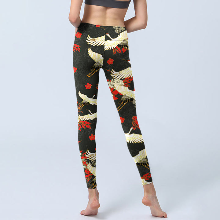 Leggings de yoga para mujer con estampado de Buddha Stones , grullas de corona roja y flores de peonía - image 6