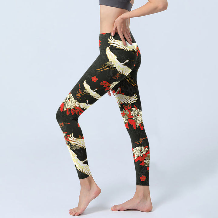 Leggings de yoga para mujer con estampado de Buddha Stones , grullas de corona roja y flores de peonía - image 3