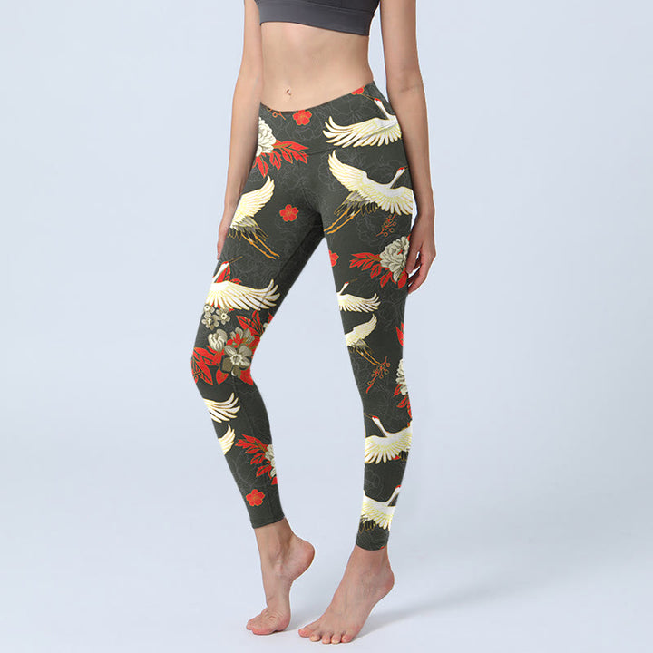 Leggings de yoga para mujer con estampado de Buddha Stones , grullas de corona roja y flores de peonía - Gris tenue - US18，UK/AU22，EU50 (4XL) - image 0