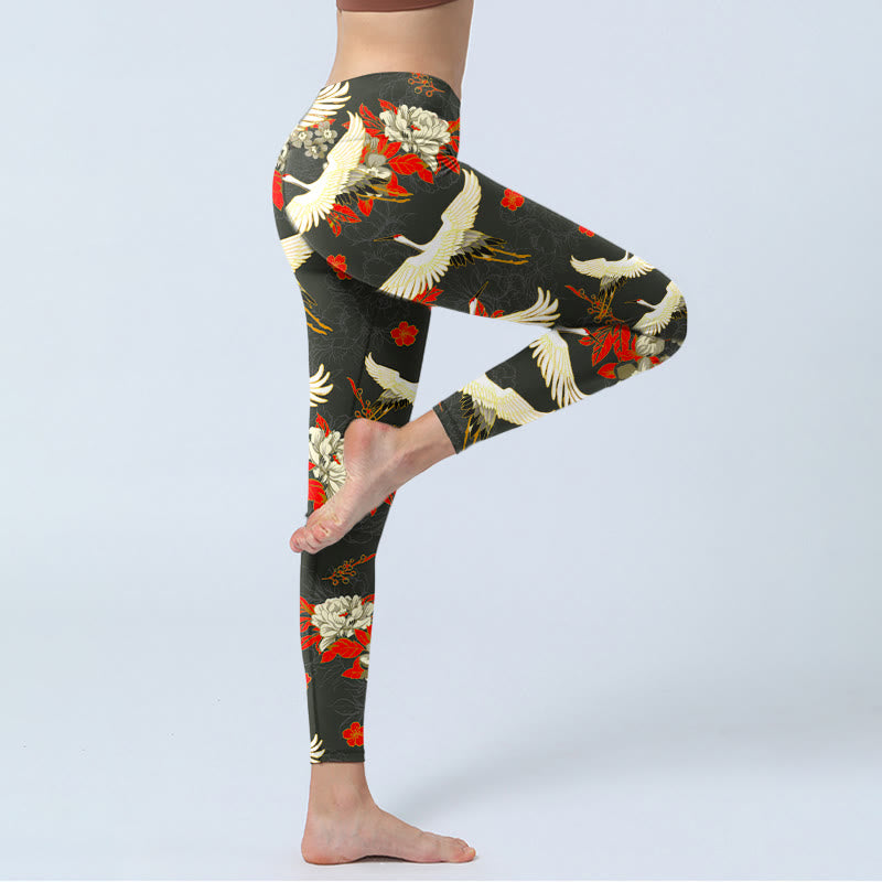 Leggings de yoga para mujer con estampado de Buddha Stones , grullas de corona roja y flores de peonía - image 3