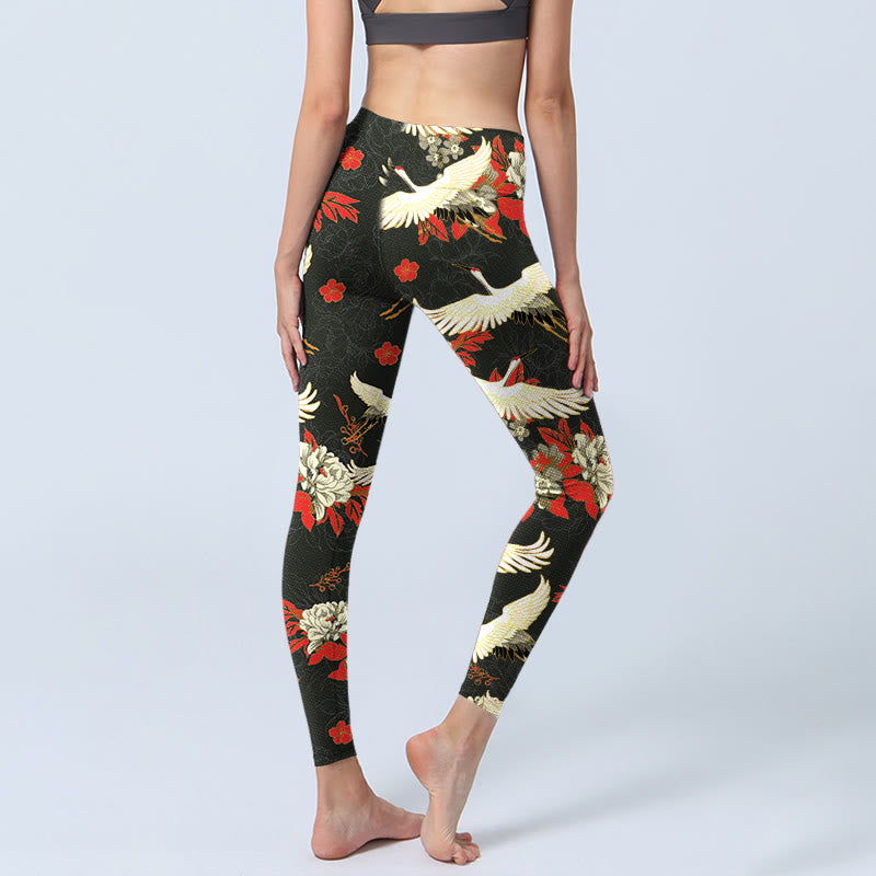 Leggings de yoga para mujer con estampado de Buddha Stones , grullas de corona roja y flores de peonía - image 4