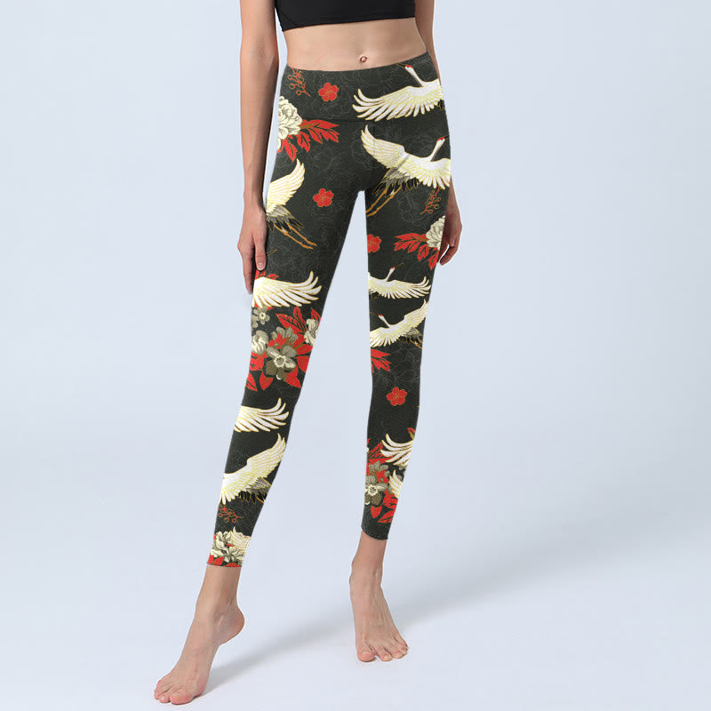 Leggings de yoga para mujer con estampado de Buddha Stones , grullas de corona roja y flores de peonía - image 5