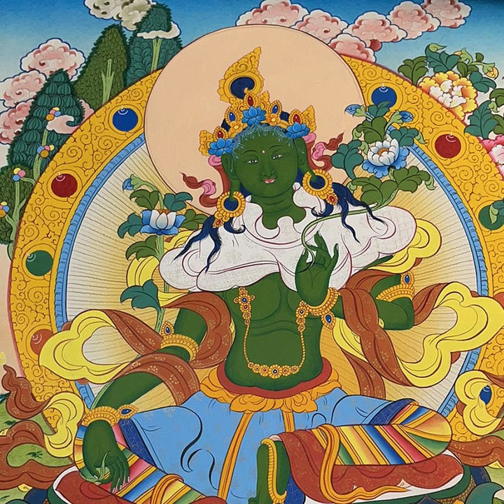 Pintura Thangka tibetana con Buddha Stones , amarillo, Dios de la Riqueza, Tara Avalokitesvara verde, decoración hecha a mano, caja ciega (estilo aleatorio)