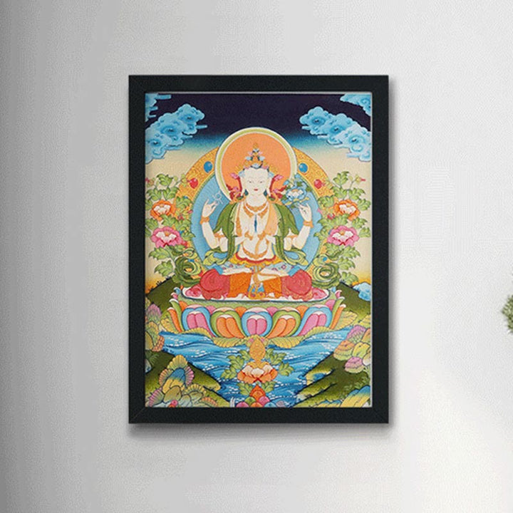 Pintura Thangka tibetana con Buddha Stones , amarillo, Dios de la Riqueza, Tara Avalokitesvara verde, decoración hecha a mano, caja ciega (estilo aleatorio)
