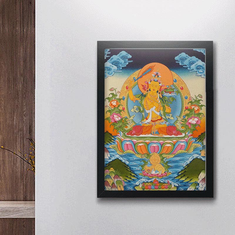 Pintura Thangka tibetana con Buddha Stones , amarillo, Dios de la Riqueza, Tara Avalokitesvara verde, decoración hecha a mano, caja ciega (estilo aleatorio)