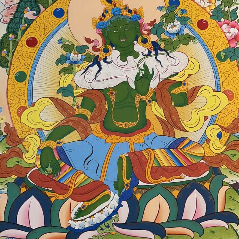 Pintura Thangka tibetana con Buddha Stones , amarillo, Dios de la Riqueza, Tara Avalokitesvara verde, decoración hecha a mano, caja ciega (estilo aleatorio)