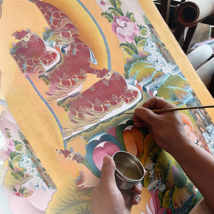 Pintura Thangka tibetana con Buddha Stones , amarillo, Dios de la Riqueza, Tara Avalokitesvara verde, decoración hecha a mano, caja ciega (estilo aleatorio)