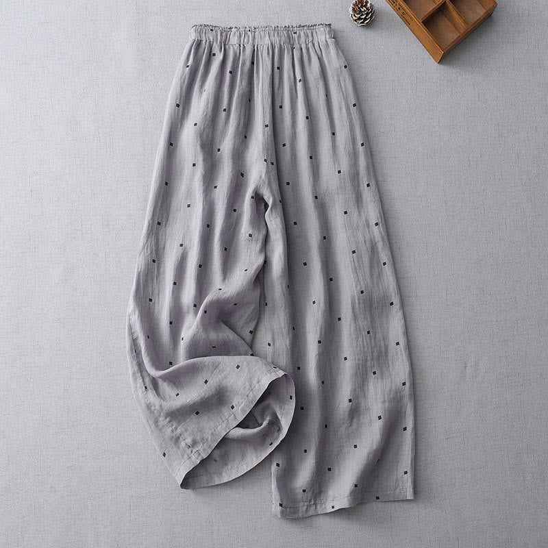 Pantalones anchos de lino y algodón para mujer con diseño de lunares de verano y bolsillos. - image 1