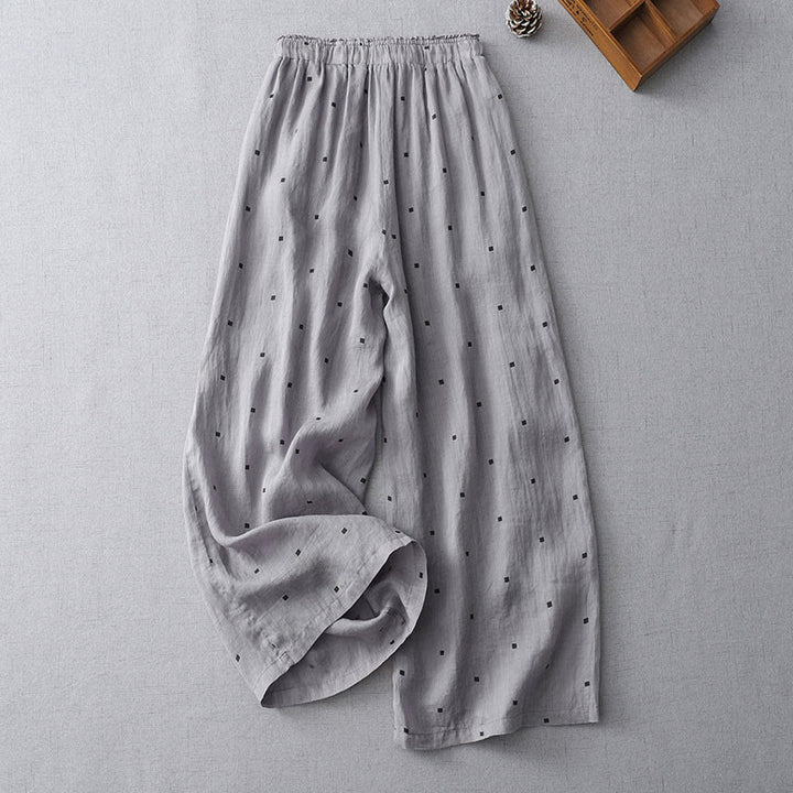 Pantalones anchos de lino y algodón para mujer con diseño de lunares de verano y bolsillos. - image 1