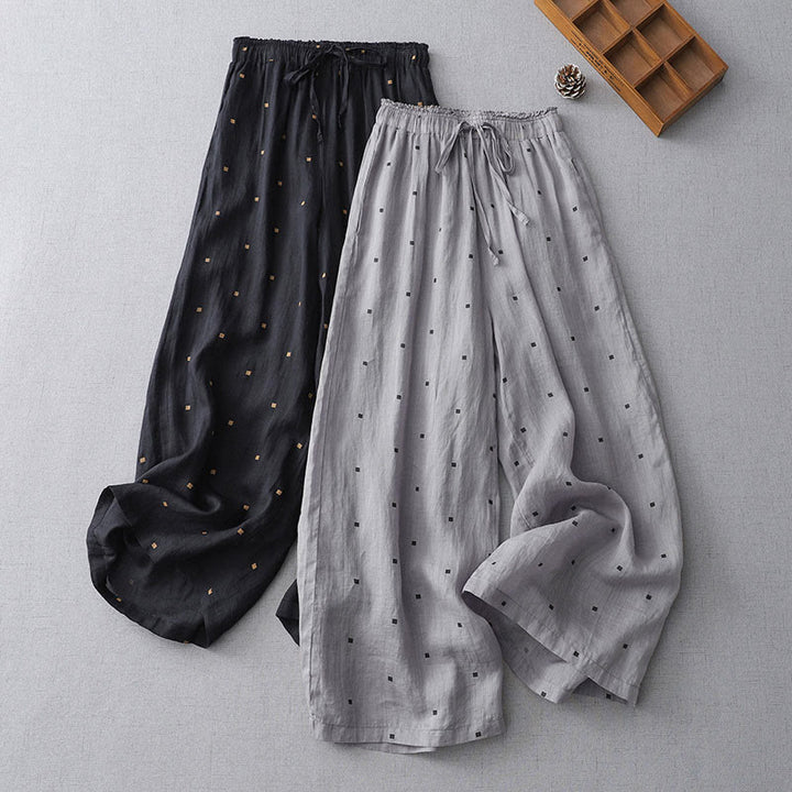 Pantalones anchos de lino y algodón para mujer con diseño de lunares de verano y bolsillos. - image 14