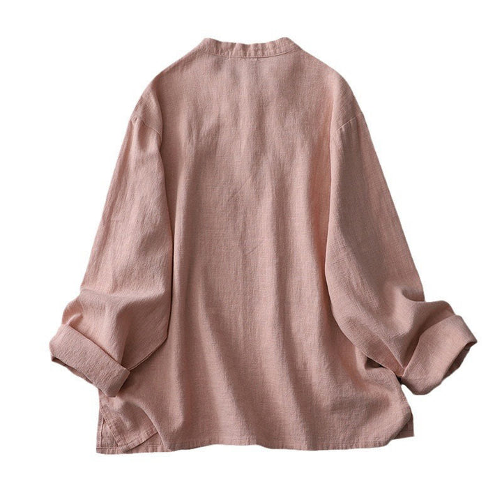 Camisa de Buddha Stones y algodón de manga larga para mujer, estilo vintage chino con diseño de rana y botones, cuello alto y diseño zen. - image 5