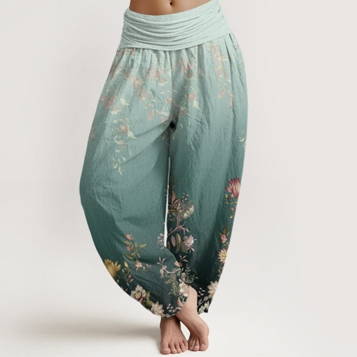 Pantalones Buddha Stones de cintura elástica para mujer, de algodón, estilo casual, con degradado de flores y hojas delicadas. - Verde mar claro - US22，UK/AU26，EU54 (6XL) - image 0
