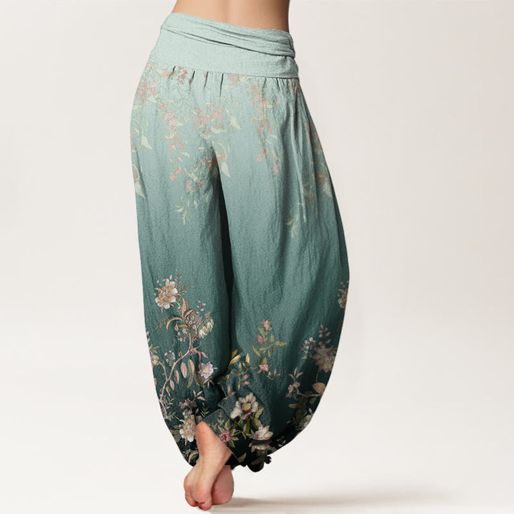 Pantalones Buddha Stones de cintura elástica para mujer, de algodón, estilo casual, con degradado de flores y hojas delicadas. - image 2