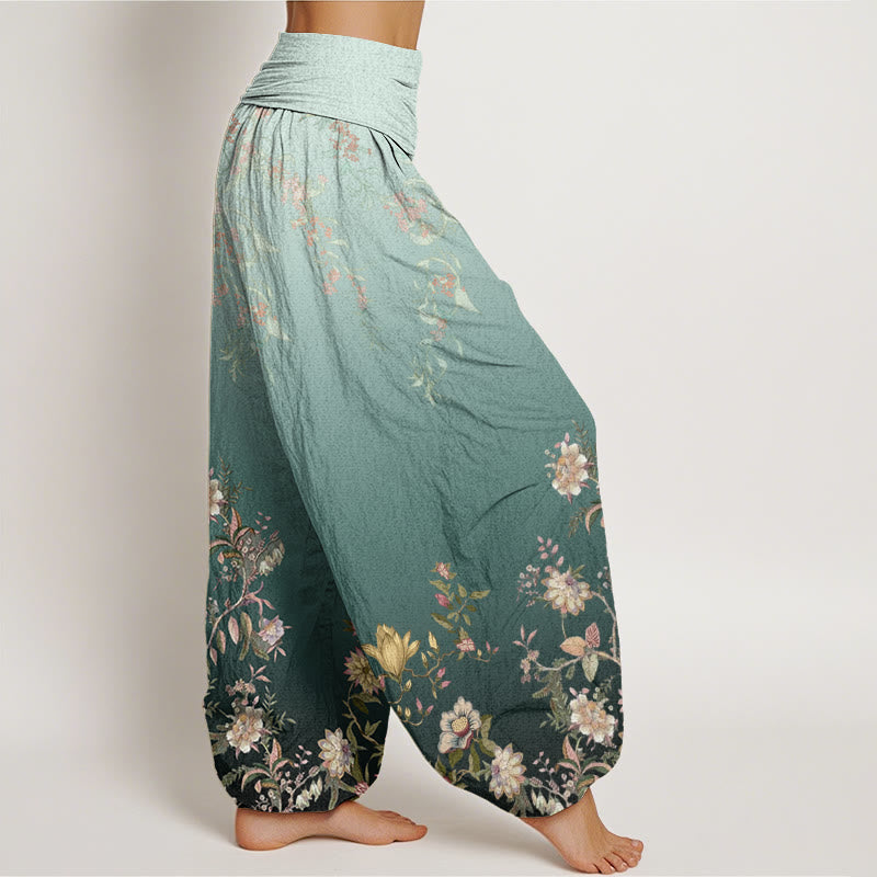 Pantalones Buddha Stones de cintura elástica para mujer, de algodón, estilo casual, con degradado de flores y hojas delicadas. - image 1