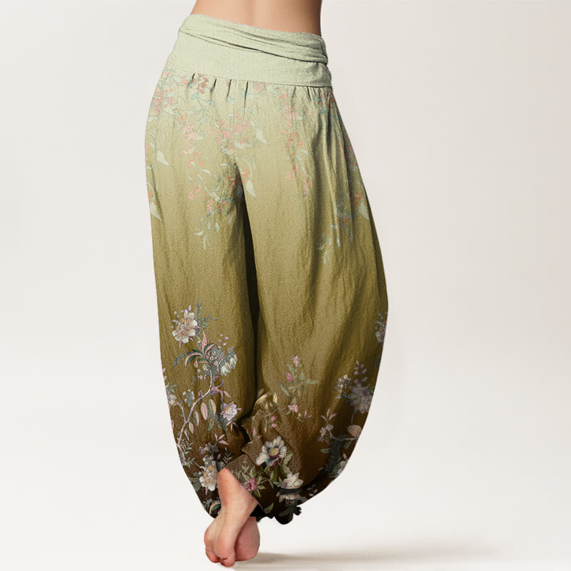 Pantalones Buddha Stones de cintura elástica para mujer, de algodón, estilo casual, con degradado de flores y hojas delicadas. - image 8