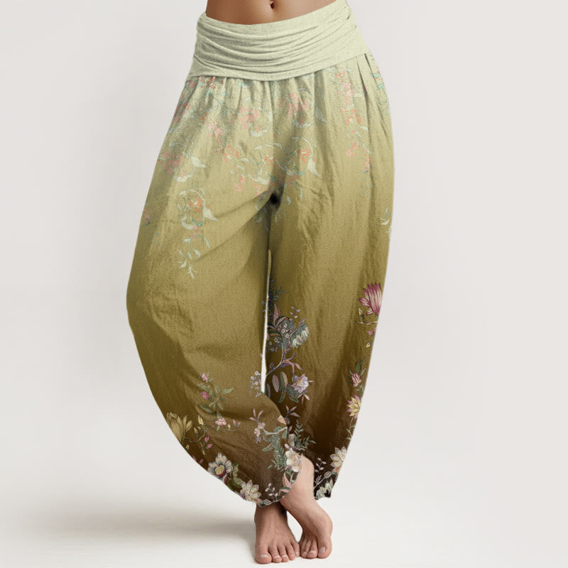 Pantalones Buddha Stones de cintura elástica para mujer, de algodón, estilo casual, con degradado de flores y hojas delicadas. - Caqui oscuro - US22，UK/AU26，EU54 (6XL) - image 7