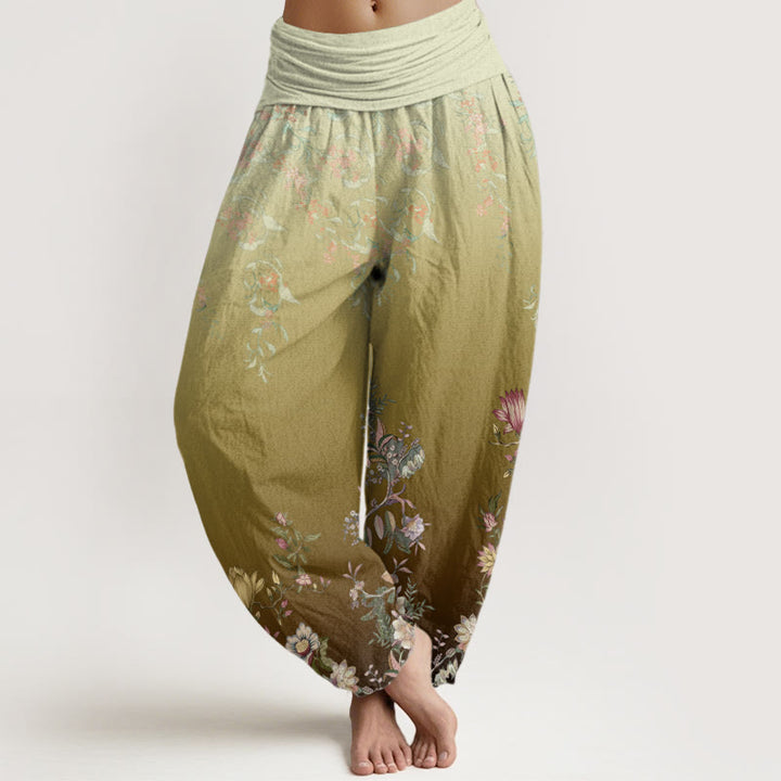 Pantalones Buddha Stones de cintura elástica para mujer, de algodón, estilo casual, con degradado de flores y hojas delicadas. - Caqui oscuro - US22，UK/AU26，EU54 (6XL) - image 7