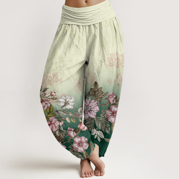 Pantalones bombachos de mujer con cintura elástica, estampado degradado de pétalos y hojas de algodón con Buddha Stones - Verde - US22，UK/AU26，EU54 (6XL) - image 0