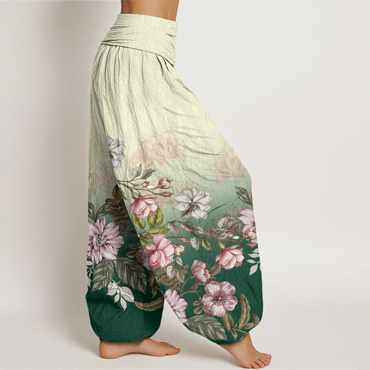 Pantalones bombachos de mujer con cintura elástica, estampado degradado de pétalos y hojas de algodón con Buddha Stones - image 1