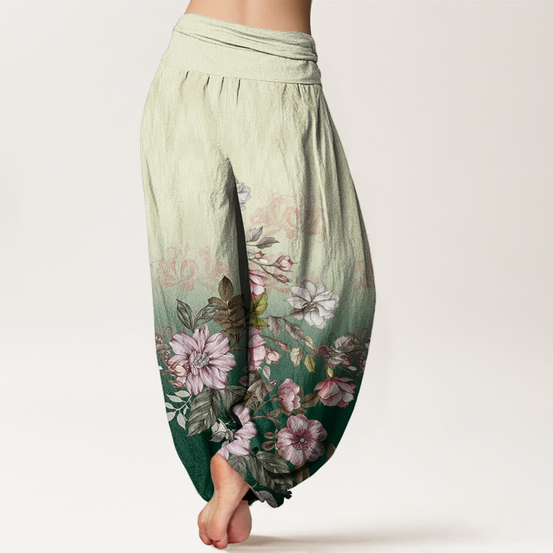 Pantalones bombachos de mujer con cintura elástica, estampado degradado de pétalos y hojas de algodón con Buddha Stones - image 2