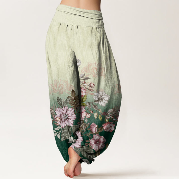 Pantalones bombachos de mujer con cintura elástica, estampado degradado de pétalos y hojas de algodón con Buddha Stones - image 2