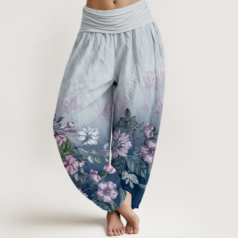 Pantalones bombachos de mujer con cintura elástica, estampado degradado de pétalos y hojas de algodón con Buddha Stones - Azul celeste claro - US22，UK/AU26，EU54 (6XL) - image 4