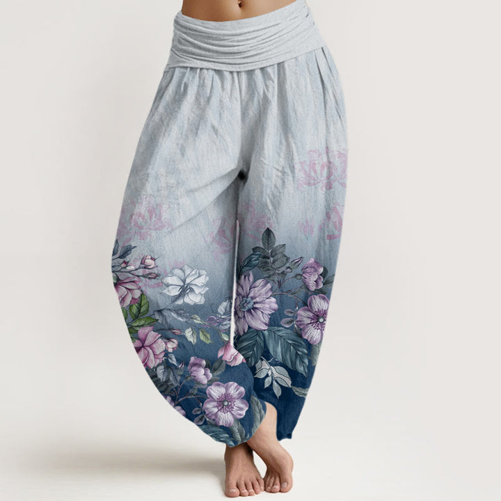 Pantalones bombachos de mujer con cintura elástica, estampado degradado de pétalos y hojas de algodón con Buddha Stones - Azul celeste claro - US22，UK/AU26，EU54 (6XL) - image 4