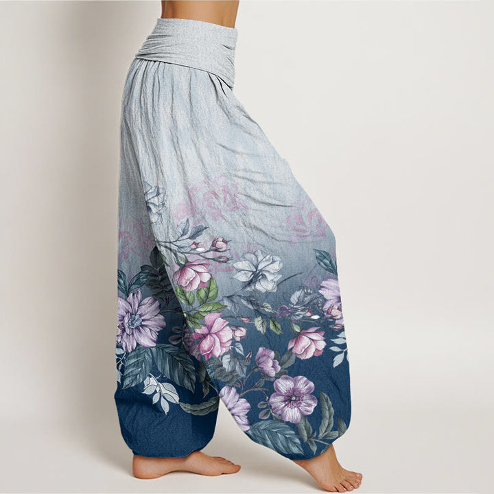 Pantalones bombachos de mujer con cintura elástica, estampado degradado de pétalos y hojas de algodón con Buddha Stones - image 5