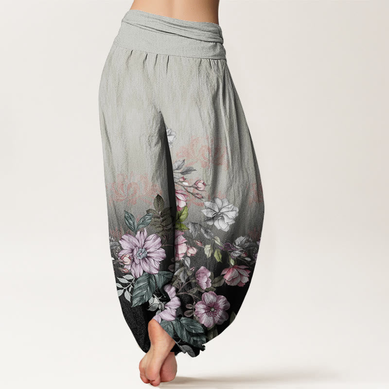 Pantalones bombachos de mujer con cintura elástica, estampado degradado de pétalos y hojas de algodón con Buddha Stones - image 9