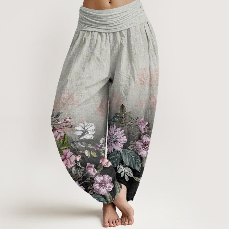 Pantalones bombachos de mujer con cintura elástica, estampado degradado de pétalos y hojas de algodón con Buddha Stones - Gris oscuro - US22，UK/AU26，EU54 (6XL) - image 7