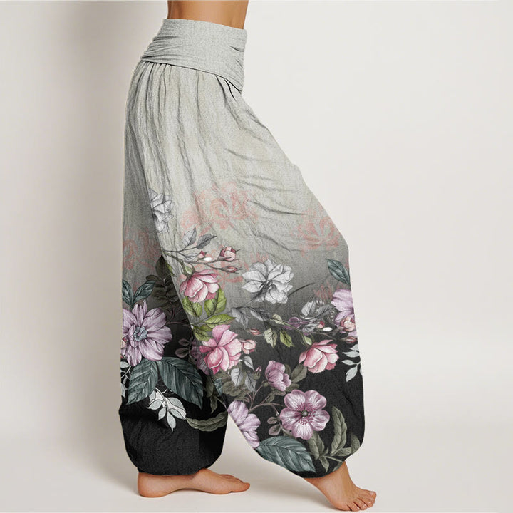 Pantalones bombachos de mujer con cintura elástica, estampado degradado de pétalos y hojas de algodón con Buddha Stones - image 8