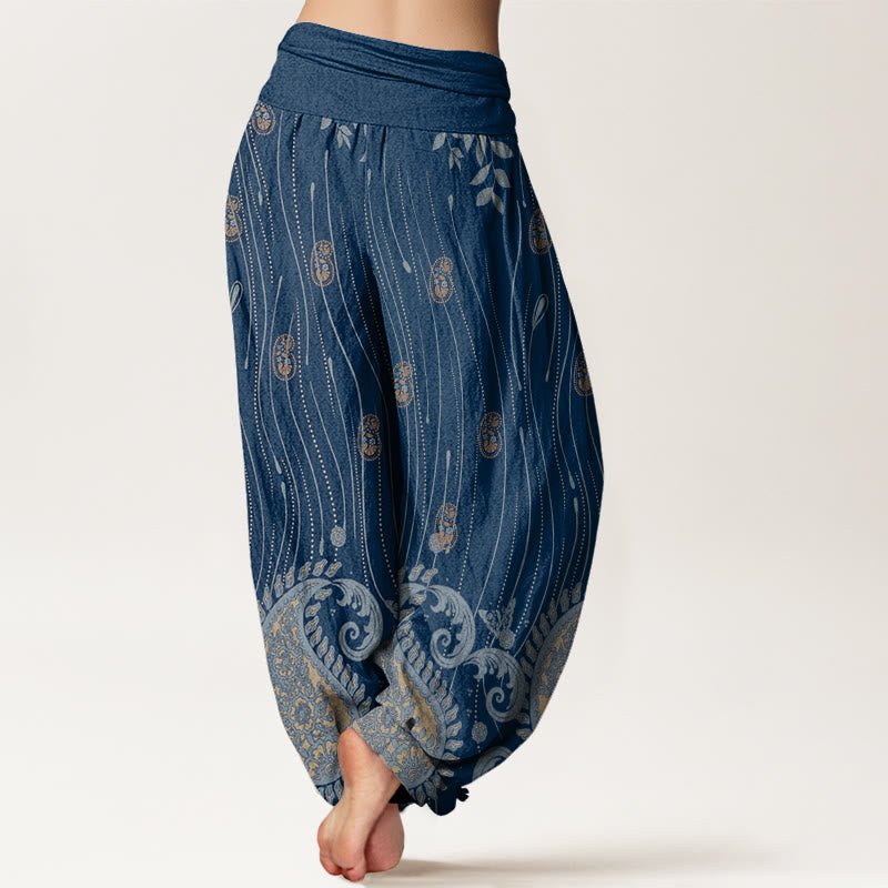 Pantalones harén con cintura elástica para mujer, informales, con estampado de cachemira, hojas y líneas onduladas, de Buddha Stones - image 3